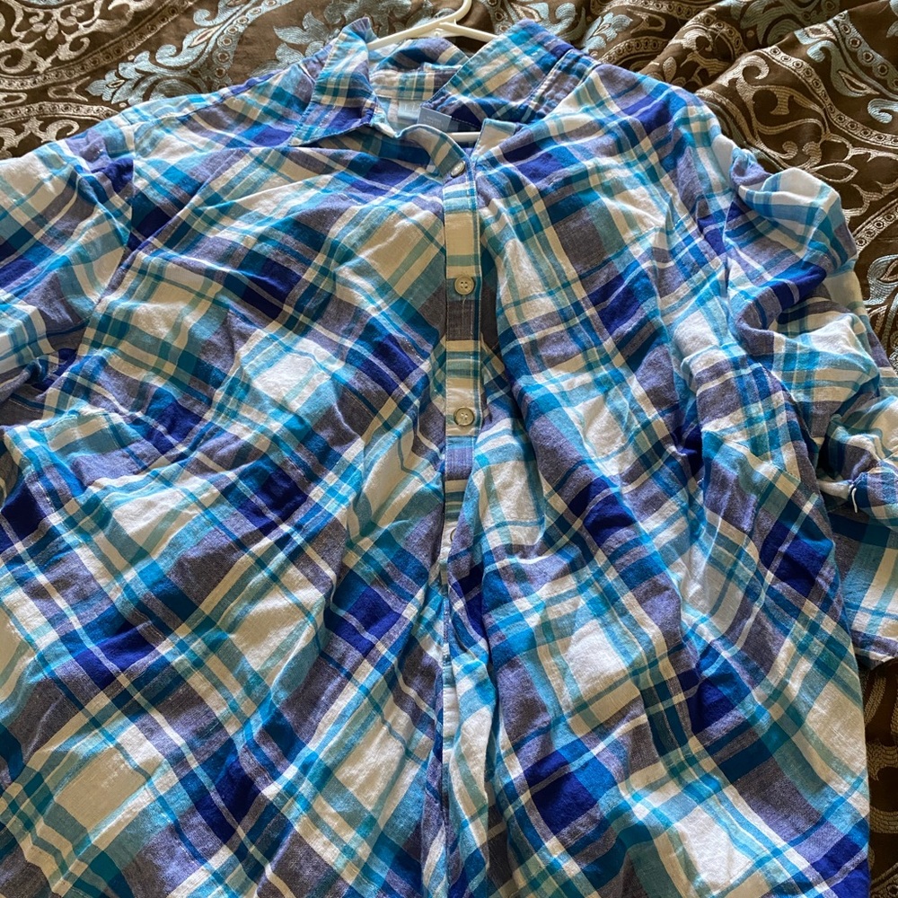 Liz and me half button down plaid with 3/4 sleeves